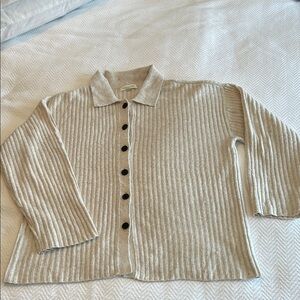 Beige Ribbed Button-Up Cardigan